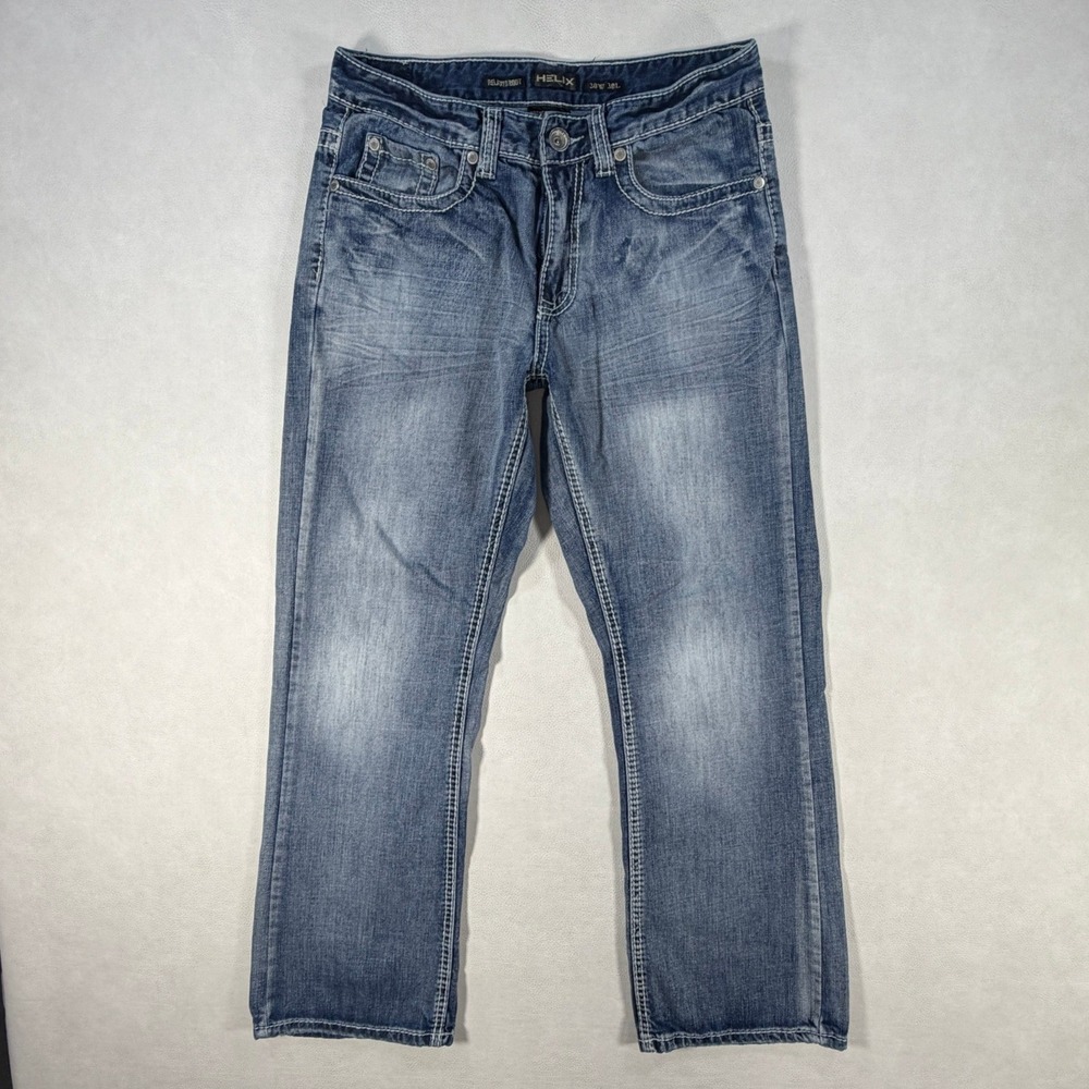 Helix Relaxed Boot Jeans Mens 30x30 Blue Denim Distressed Iron Cross Pockets Y2K - Picture 2 of 15